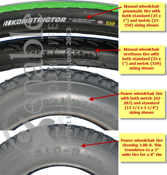 Wheelchair and scooter tire size examples