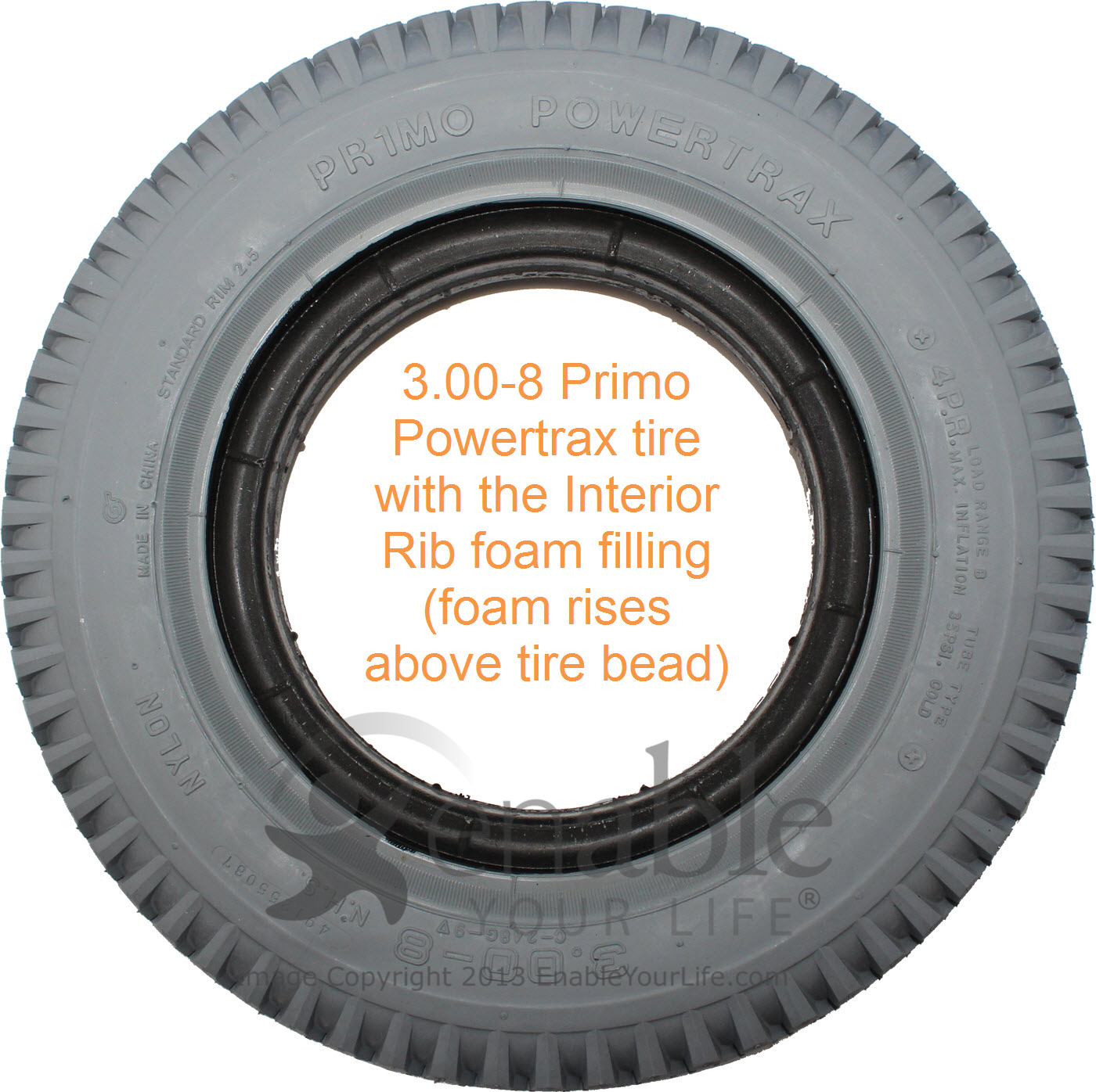 3.00-8 (14 x 3 Wheelchair in.) Primo Tire Foam Powertrax Filled