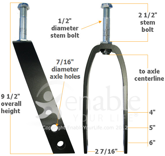 7 in. Aluminum Wheelchair Caster Fork - Invacare Type Dimensions