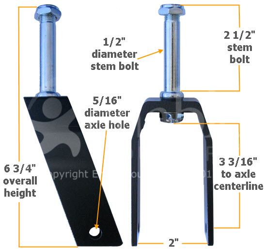 5 in. Aluminum Wheelchair Caster Fork With 2 1/2L x 1/2 in. Stem & Nut Dimensions