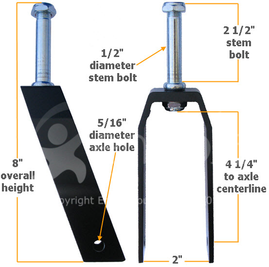 6 in. Aluminum Wheelchair Caster Fork With 2 1/2L x 1/2 in. Stem & Nut Dimensions