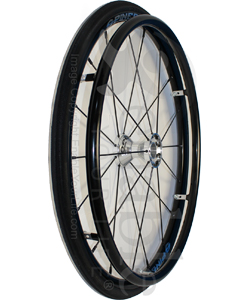 25 in. (559) Spinergy 18 Spoke Spox Wheelchair Wheel and Tire - Angled view shown with Shox tire and optional vinyl covered pushrim