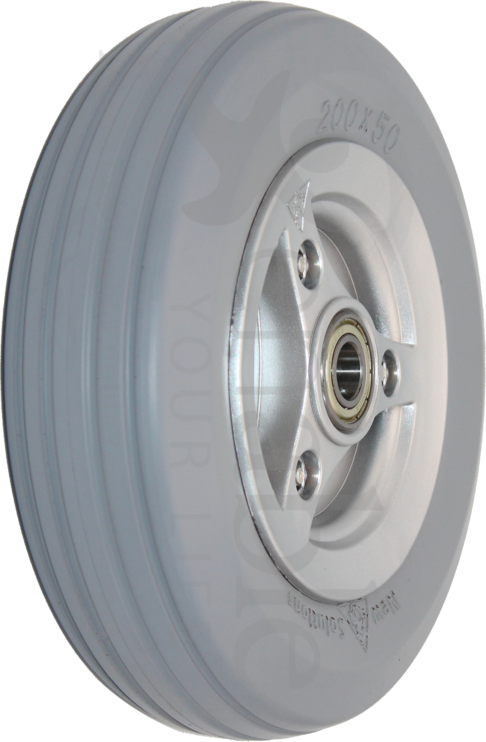 8 x 2 in. (200 x 50) Permobil M300, M300HD, and M400 Replacement Wheelchair Caster Wheel with Light Gray Tire (Compare to Permobil Part 1826508) - Angled view shown