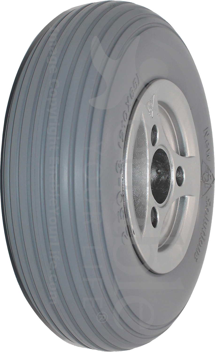 2.50-3 (210-65) Permobil C300, C350, and C500 Replacement Wheelchair Caster Wheel with Light Gray Tire (Compare to Permobil Part 1822415) - Angled view shown