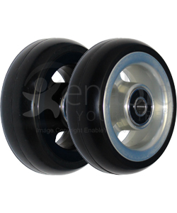 3 x 1 in. EPIC Aluminum Narrow Court Wheelchair Caster Wheel - Angled view of black and silver hubs