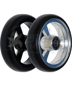 4 x 1 in. EPIC Aluminum Narrow Court Wheelchair Caster Wheel - Showing angled view of black and silver hubs