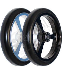 6 x 1 in. EPIC Aluminum Narrow Court Wheelchair Caster Wheel - Angled view of both black and silver hubs shown