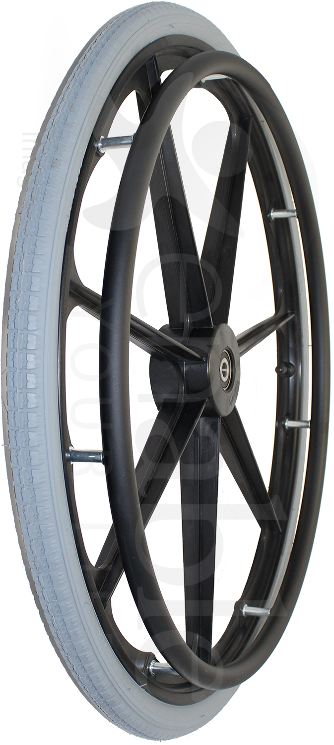 24 in. (540) 7 Spoke Wheelchair Mag Wheel with 2.25 in. Hub & Tire - Angled view shown with pneumatic tire