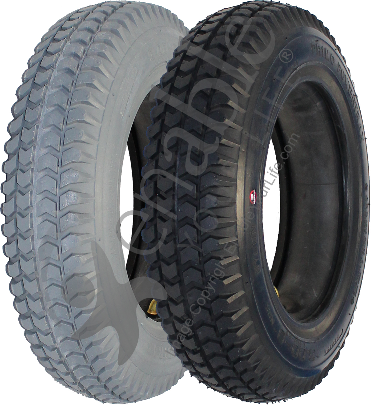 14 x 3 in. (3.00-8) Primo Powertrax Wheelchair Tire - showing both black and gray colors