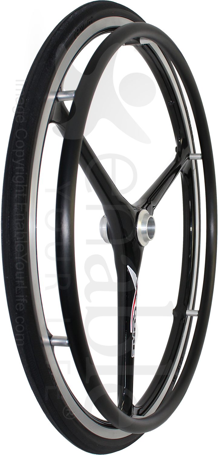 24 in. (540) 3 Spoke X-Core® Wheelchair Wheels - Angled view shown in gloss black spokes and black Shox tire